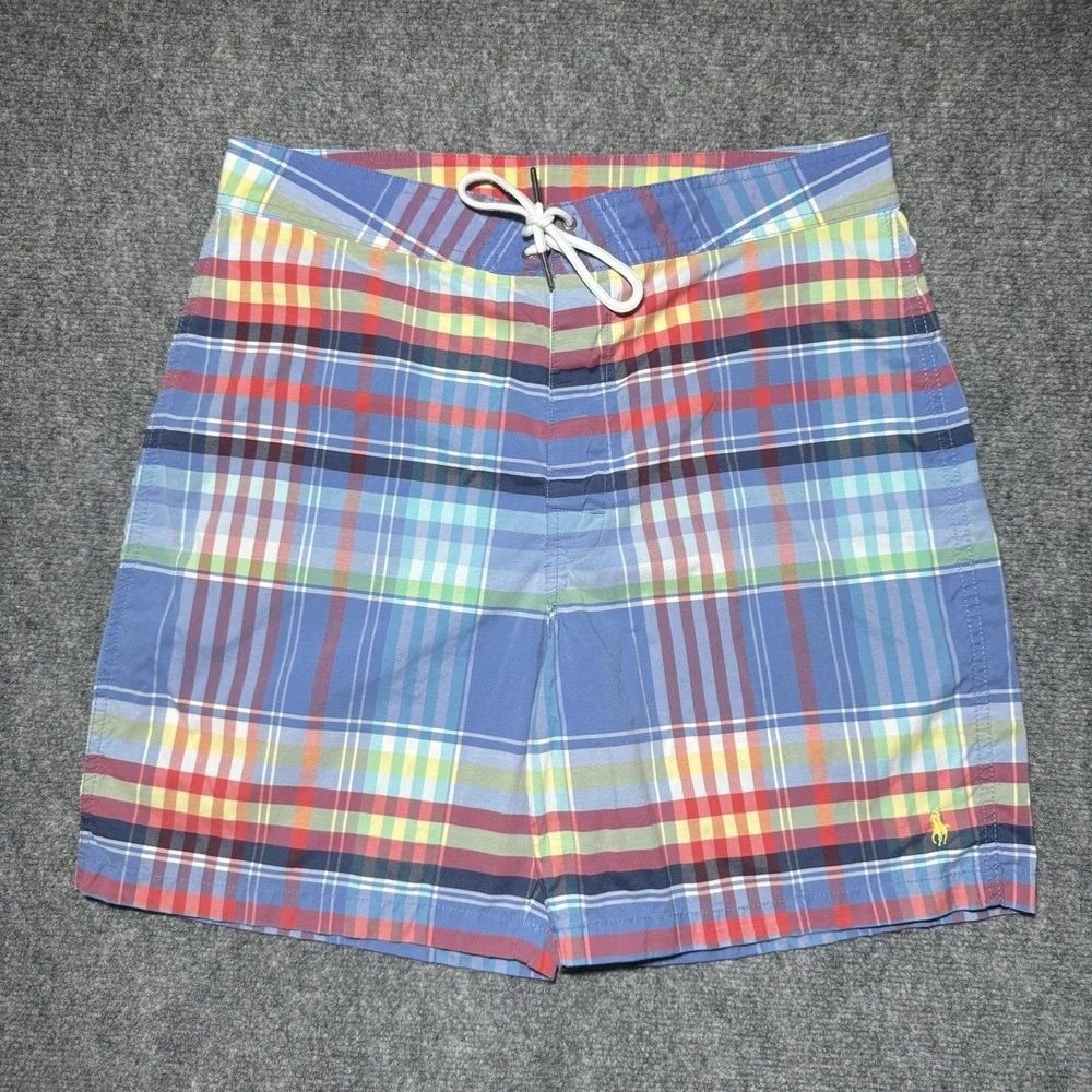 VTG Polo Ralph Lauren Board Shorts Men Tag 33 Blue Plaid Madras 7